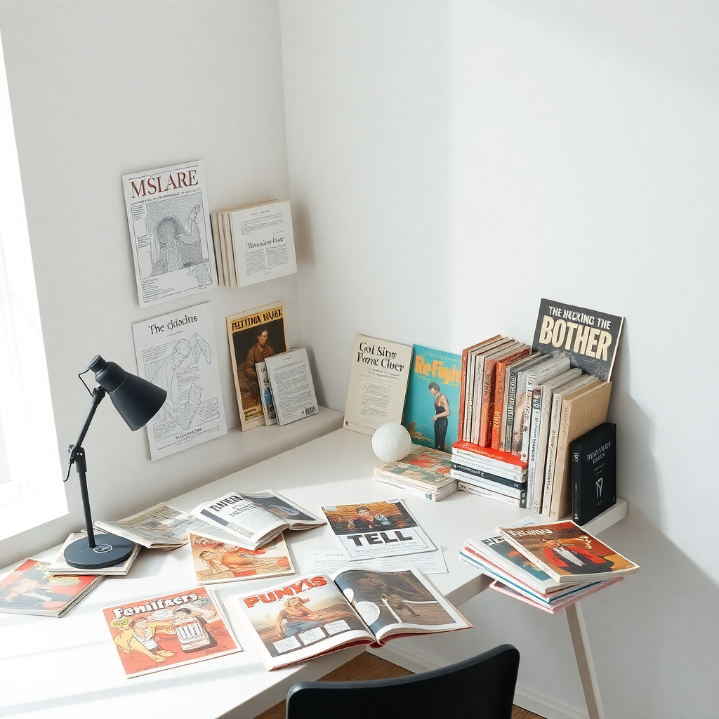 workspace with zines, comics and books